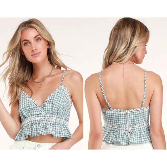 NEW Lulus Sage Green Gingham Plaid Ruffle Crop Top - Picture 8 of 9
